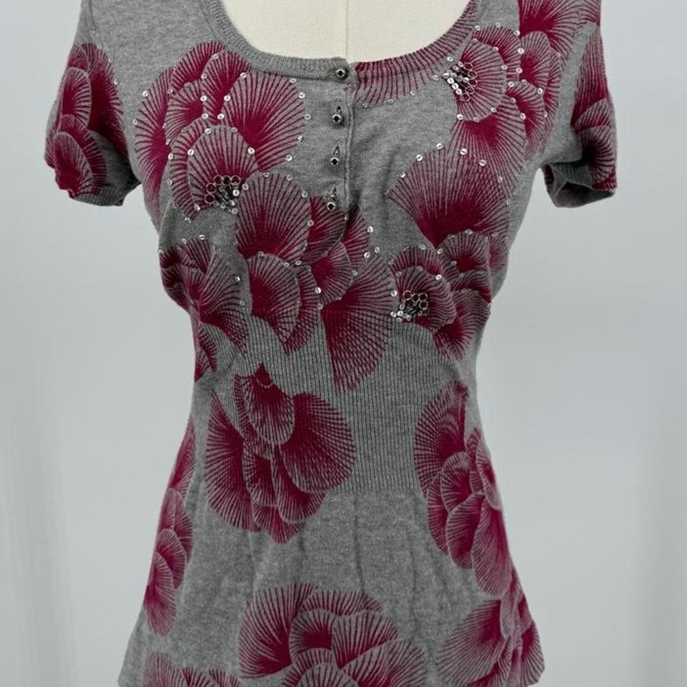 Charlotte Russe Y2K Gray Burgundy Floral Beaded Cotton Knit Blouse Size M